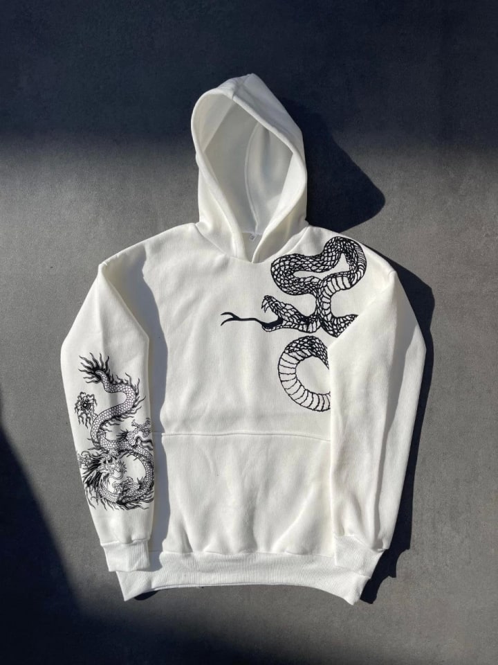 Uzun Kol Kapüşonlu Baskılı Sweatshirt - Beyaz — görsel 1/4