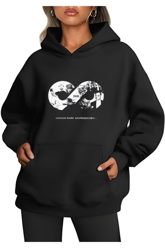 Üç İplik Kapüşonlu 10 Kasıma Özel Sweatshirt - Siyah — görsel 1/3