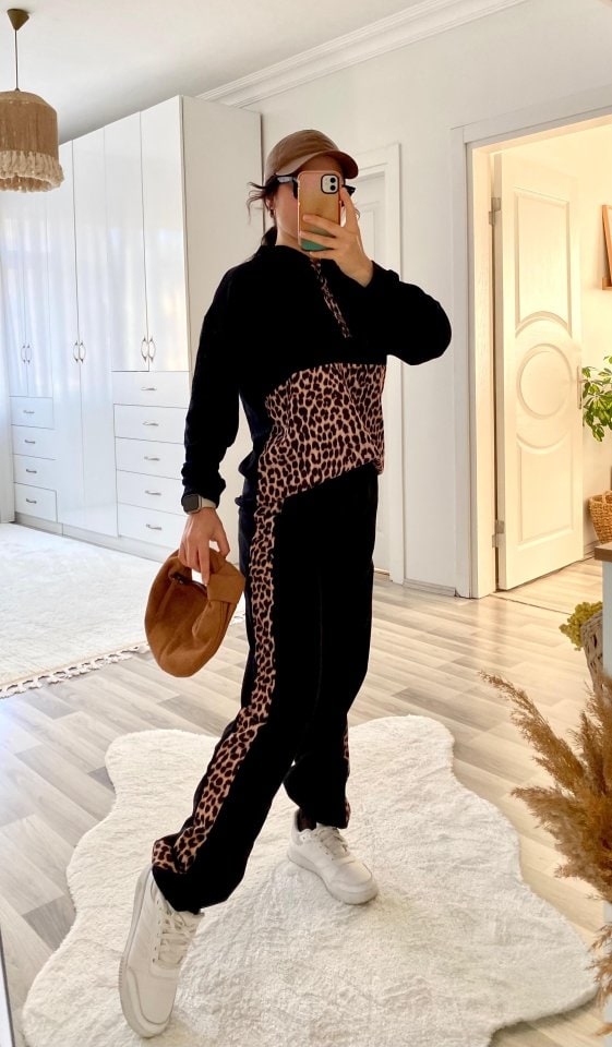 Kadın Uzun Kollu Leopar Detay Sweat Ve Yanı Leopar Şerit Detay Pantolon İkili Takım — görsel 1/14