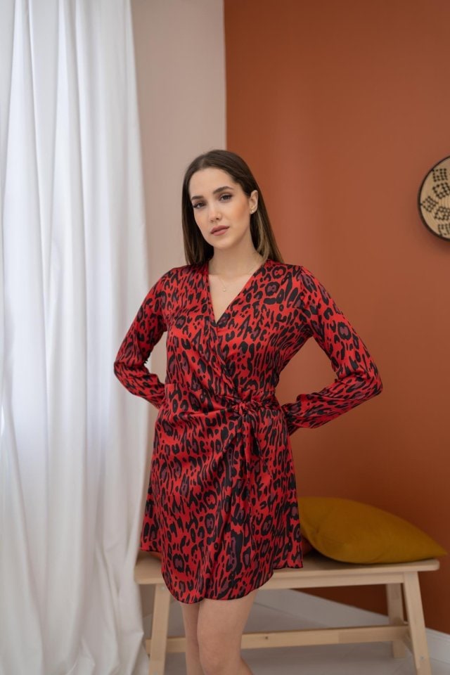 Kırmızı Leopar Desenli Saten Elbise — görsel 1/3