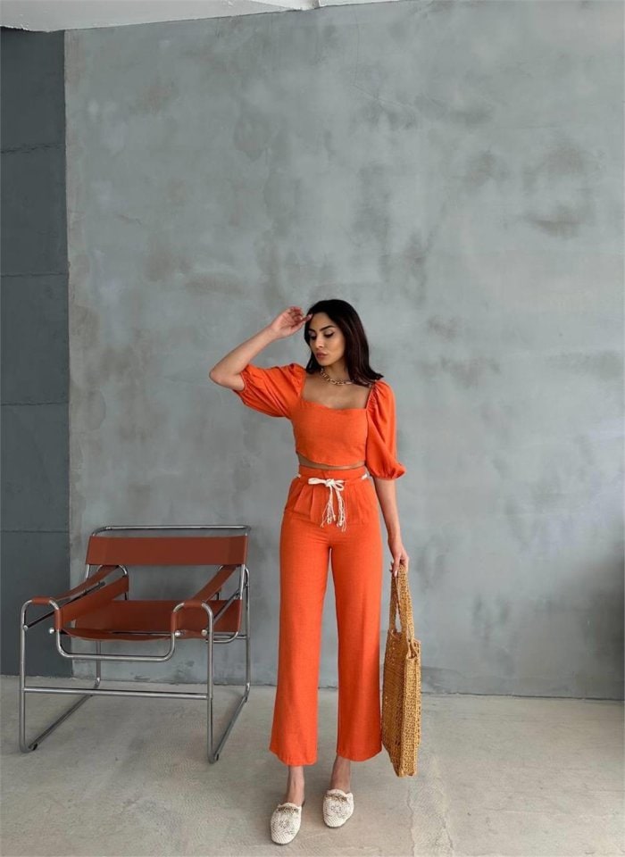 Keten Crop Karpuz Kol Bluz - Pantolon Hasır Kemerli - Orange — görsel 1/3