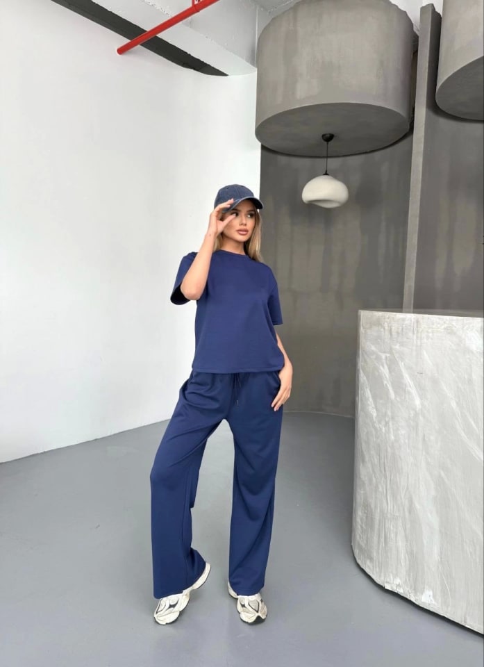 Osy Modal Yumuşak Dokulu Kumaş Kısa Kollu Bluz Rahat Pantalon İkili Takım - Lacivert — görsel 1/4