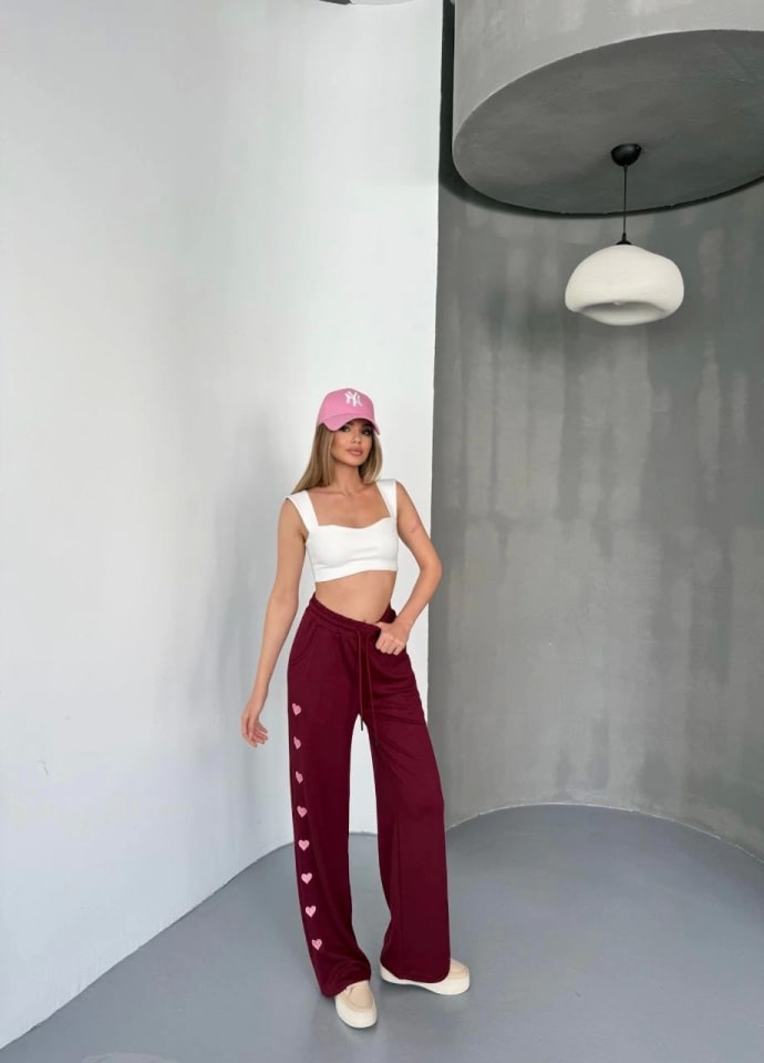 Osy Modal Yumuşak Dokulu Kumaş Nakış İşlemeli Rahat Bol Paça Eşofman Pantalon - Bordo — görsel 1/3