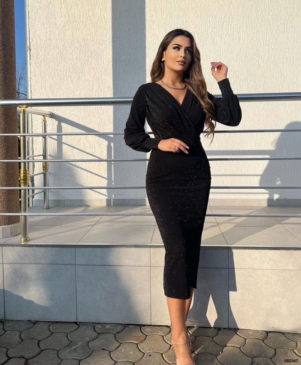 Kadın Uzun Kollu Kruvaze Yaka Büzgü Ve Balon Kol Detay Krep Kumaş Maxi Boy Elbise — görsel 1/2