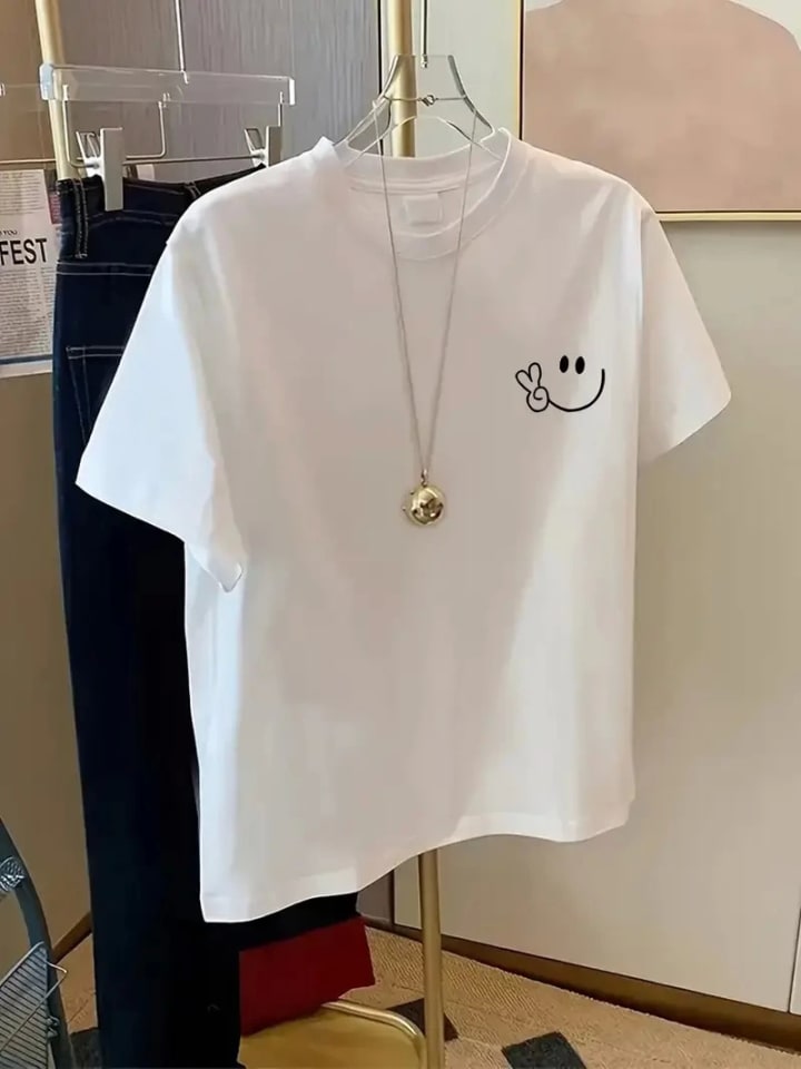 Baskılı Oversize Bisiklet Yaka T-Shirt - Beyaz — görsel 1/4
