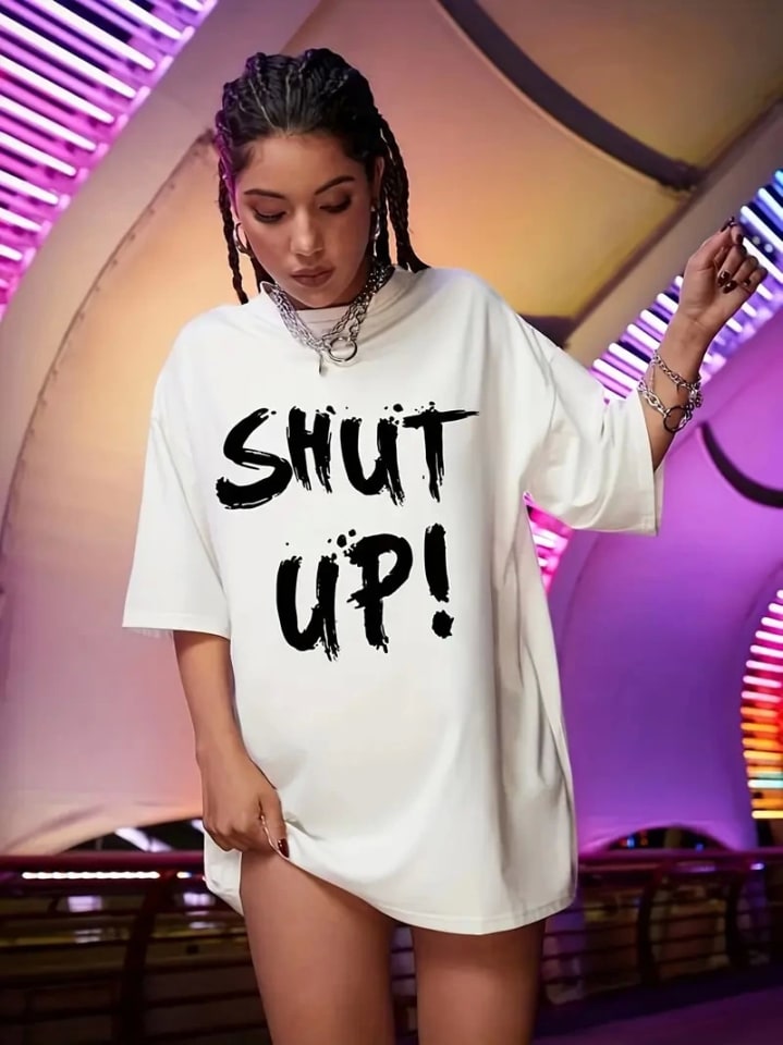 Baskılı Oversize Bisiklet Yaka T-Shirt - Beyaz — görsel 1/4