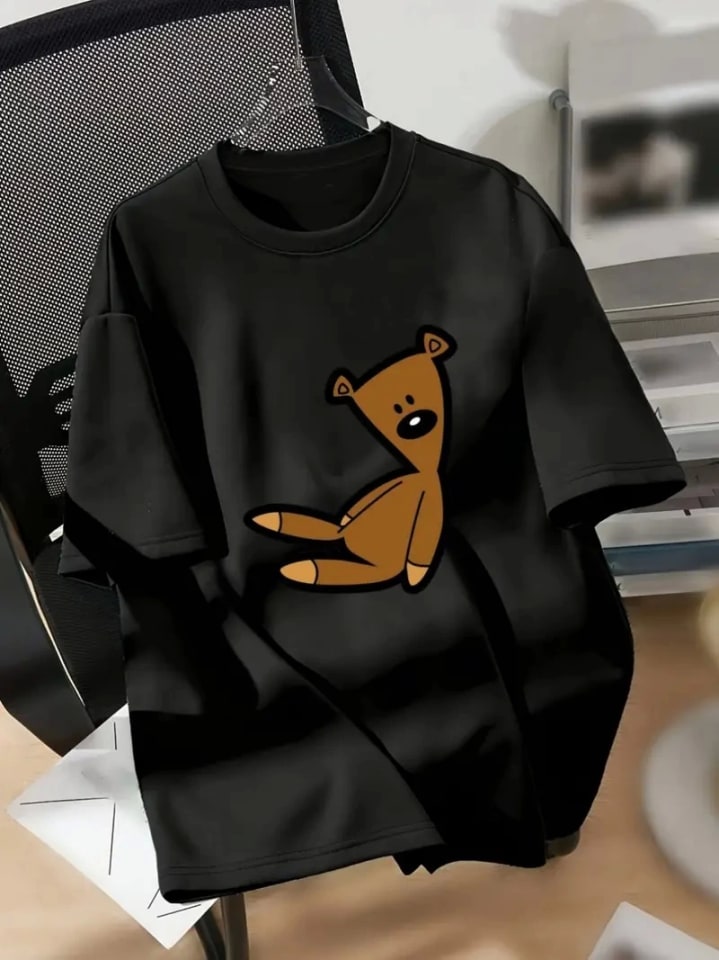 Baskılı Oversize Bisiklet Yaka T-Shirt - Siyah — görsel 1/4