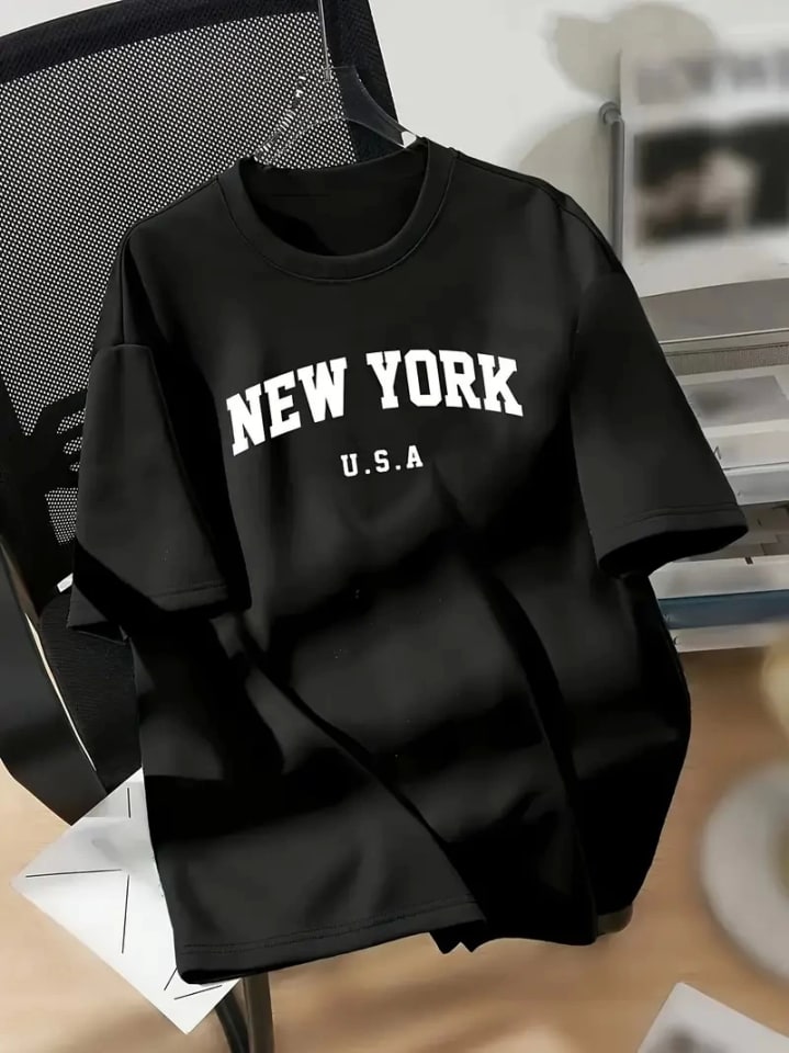 New York Baskılı Oversize Bisiklet Yaka T-Shirt - Siyah — görsel 1/4