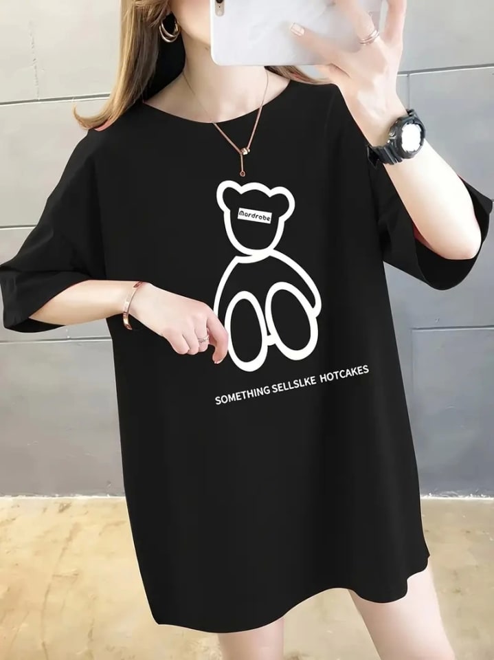Baskılı Oversize Bisiklet Yaka T-Shirt - Siyah — görsel 1/4