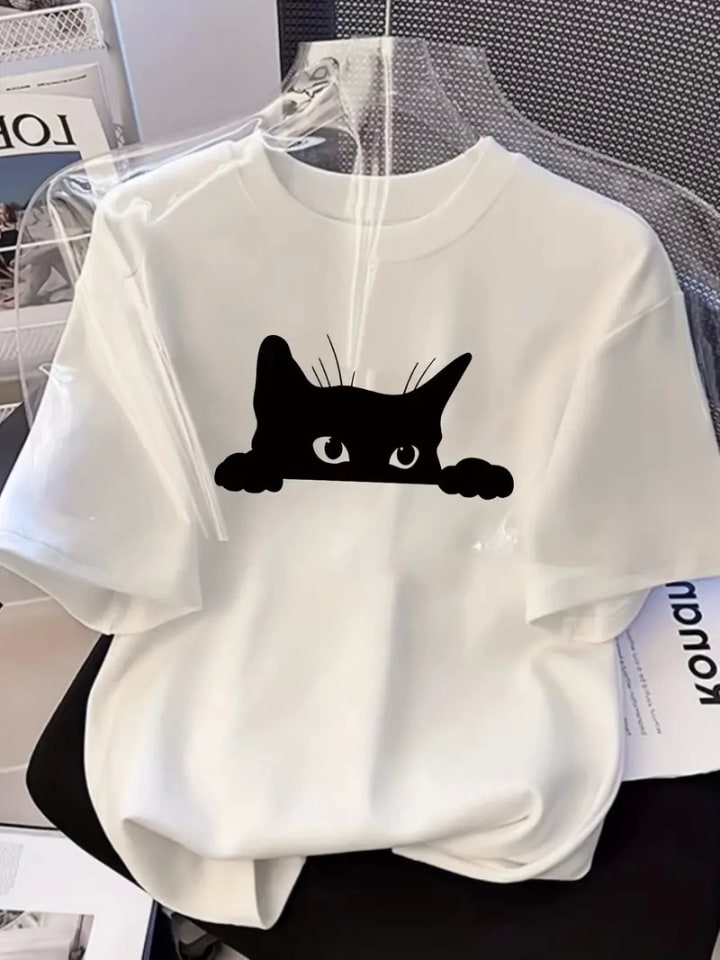 Baskılı Oversize Bisiklet Yaka T-Shirt - Beyaz — görsel 1/4