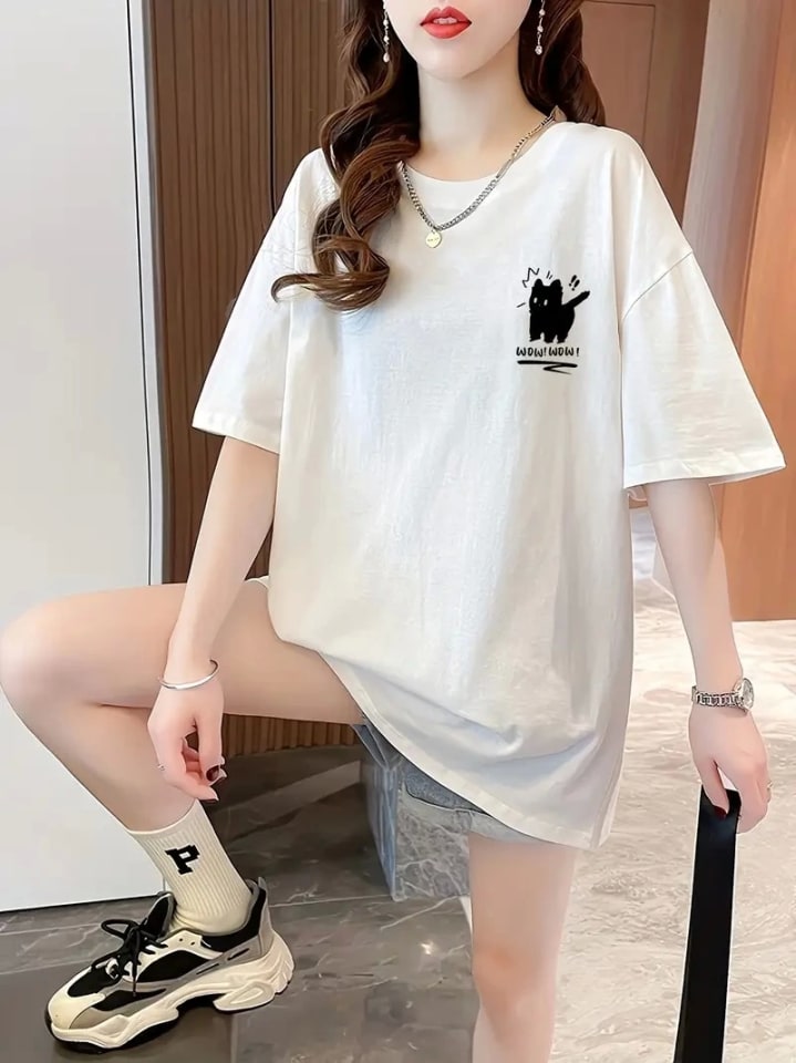 Baskılı Oversize Bisiklet Yaka T-Shirt - Beyaz — görsel 1/2