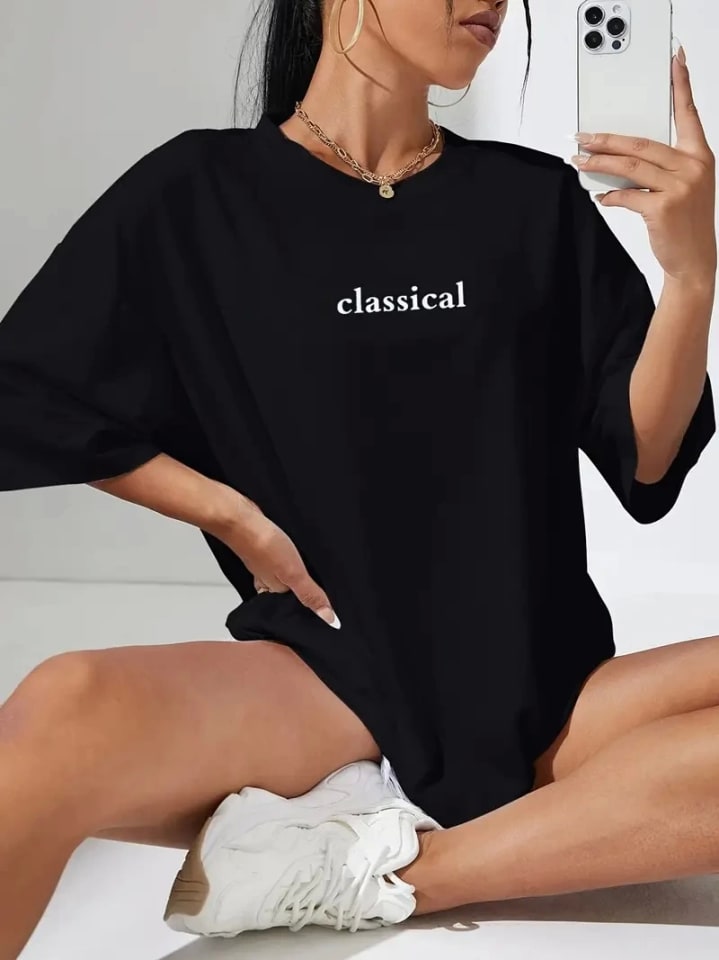 Baskılı Oversize Bisiklet Yaka T-Shirt - Siyah — görsel 1/4