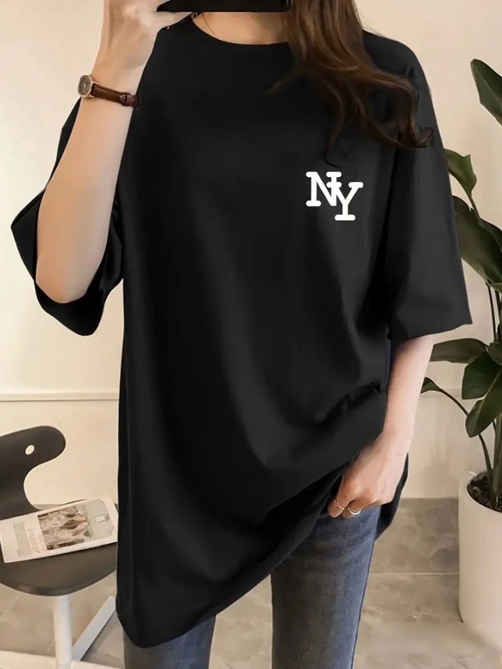 Baskılı Oversize Bisiklet Yaka T-Shirt - Siyah — görsel 1/4