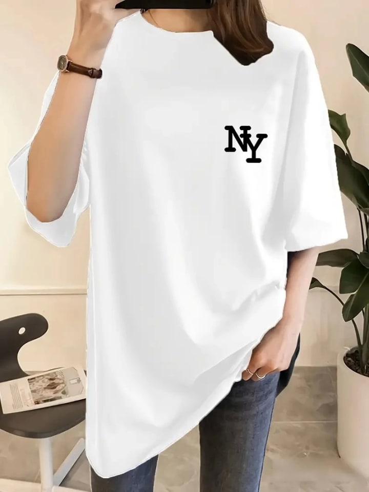 Baskılı Oversize Bisiklet Yaka T-Shirt - Beyaz — görsel 1/3