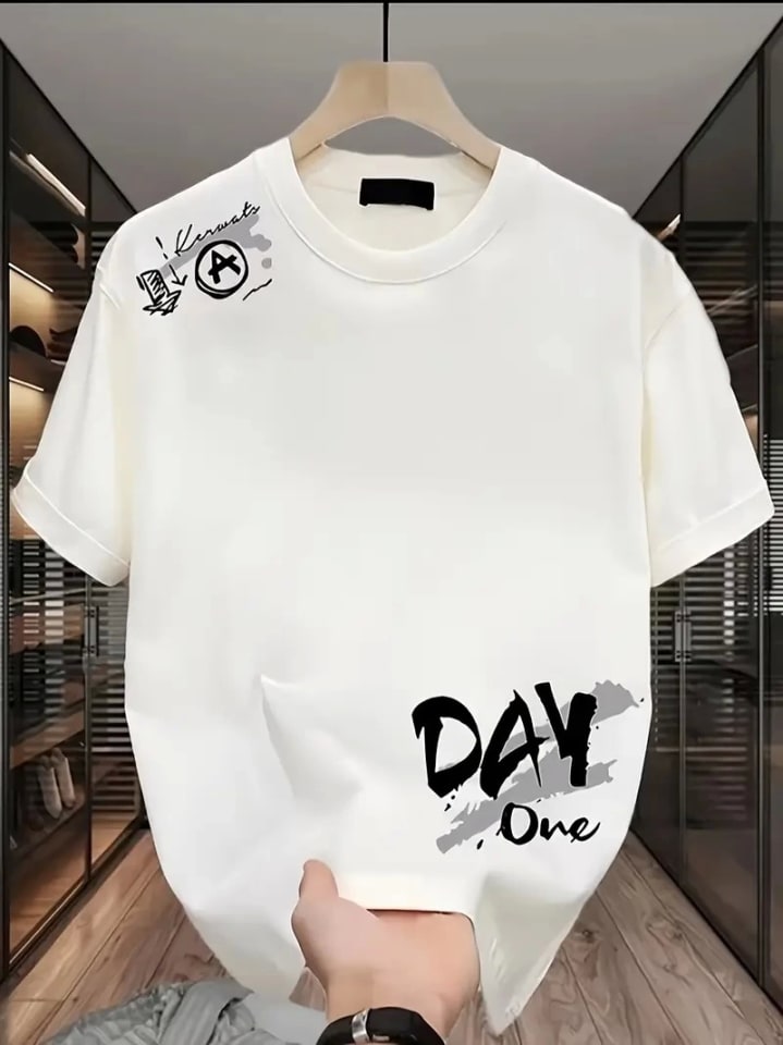 Baskılı Oversize Bisiklet Yaka T-Shirt - Beyaz — görsel 1/4