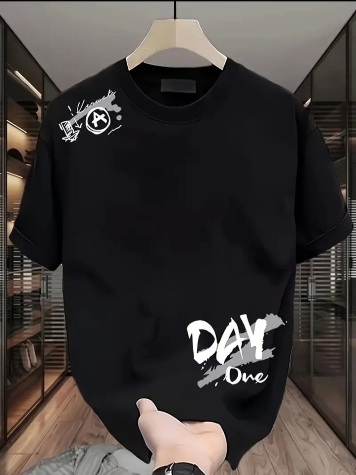 Baskılı Oversize Bisiklet Yaka T-Shirt - Siyah — görsel 1/4
