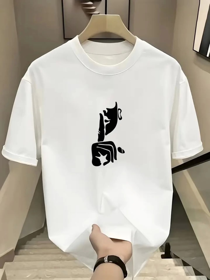 Rahat Bisiklet Yaka Tişört, Yaratıcı Karikatür Baskı - Yumuşak Polyester, Her Mevsim Giyilebilir - Beyaz — görsel 1/4
