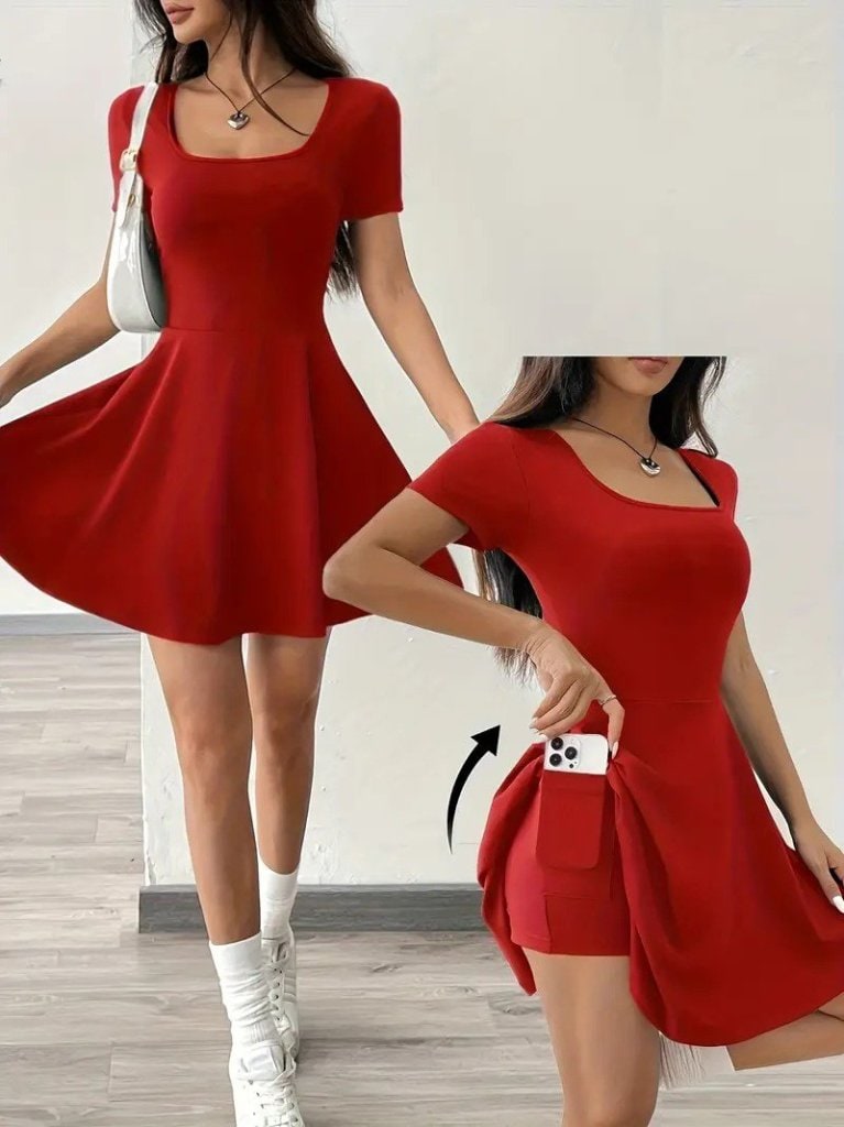 Kadın Kısa Kollu Kare Yaka Short Detaylı Cepli Dalgıç Elbise — görsel 1/6