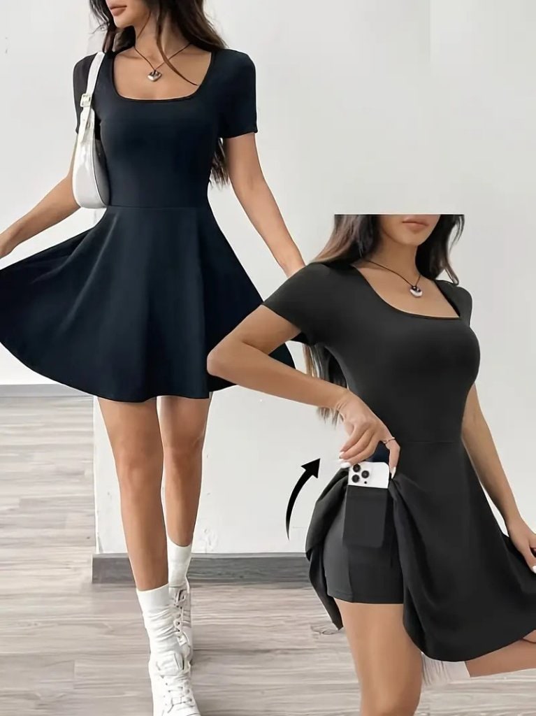 Kadın Kısa Kollu Kare Yaka Short Detaylı Cepli Dalgıç Elbise — görsel 1/8