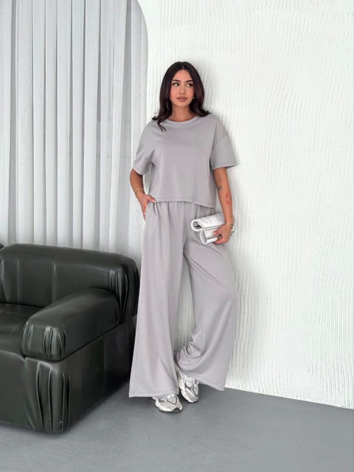 Osy Modal Yumuşak Dokulu Kumaş Bisiklet Yaka T-Shirt Bol Paça Pantalon İkili Takım - Boyalı Gri — görsel 1/4