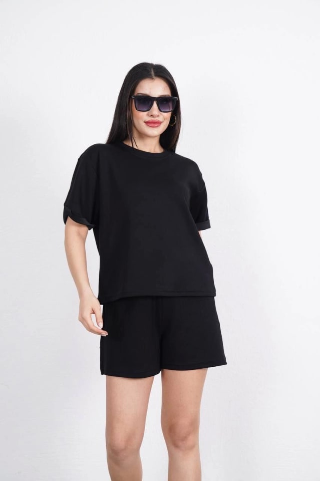 Osy Modal Yumuşak Dokulu Kumaş Bisiklet Yaka T-Shirt Kısa Şort İkili Takım - Siyah — görsel 1/3