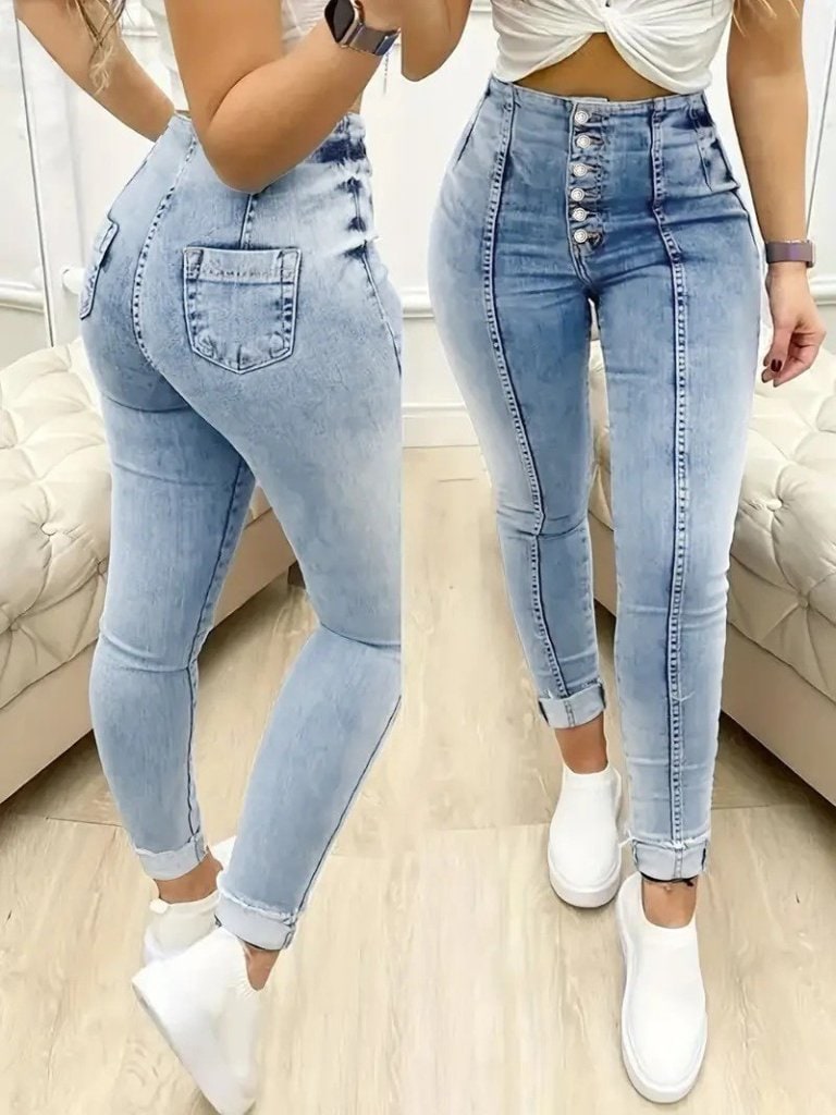 Kadın Yüksek Bel Önden Düğmeli Jean Pantolon — görsel 1/5