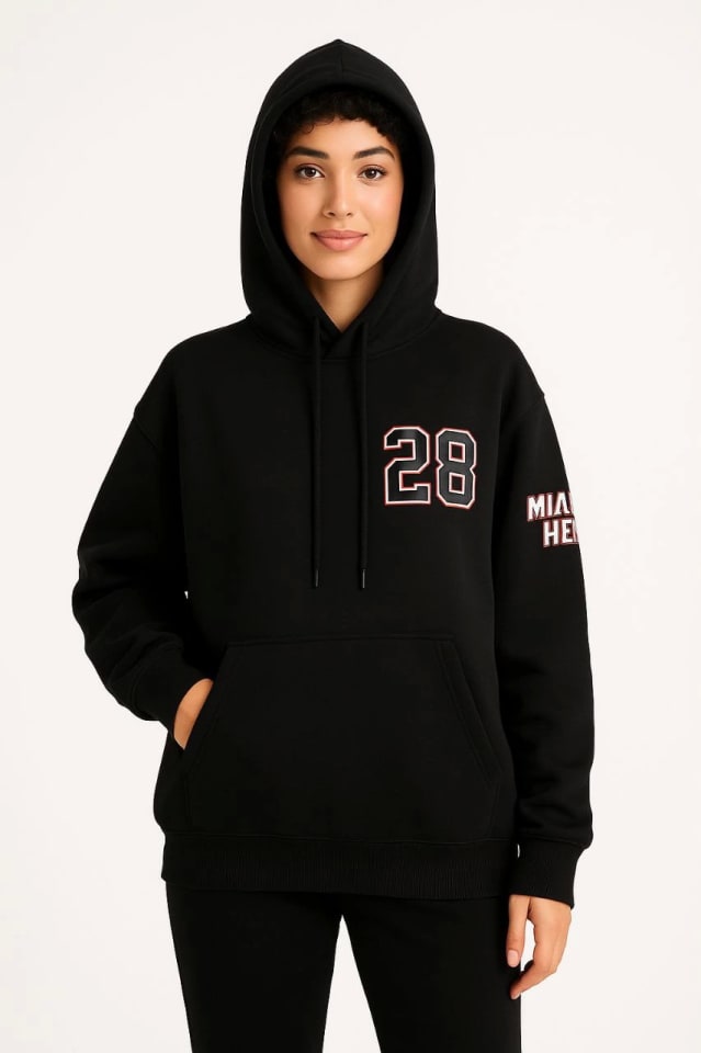 Üç İplik Kapüşonlu Ön Ve Arka Baskılı Sweatshirt Hoodie - Siyah — görsel 1/4