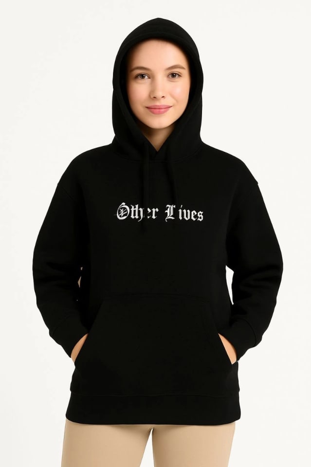Üç İplik Kapüşonlu Ön Ve Arka Baskılı Sweatshirt Hoodie - Siyah — görsel 1/4