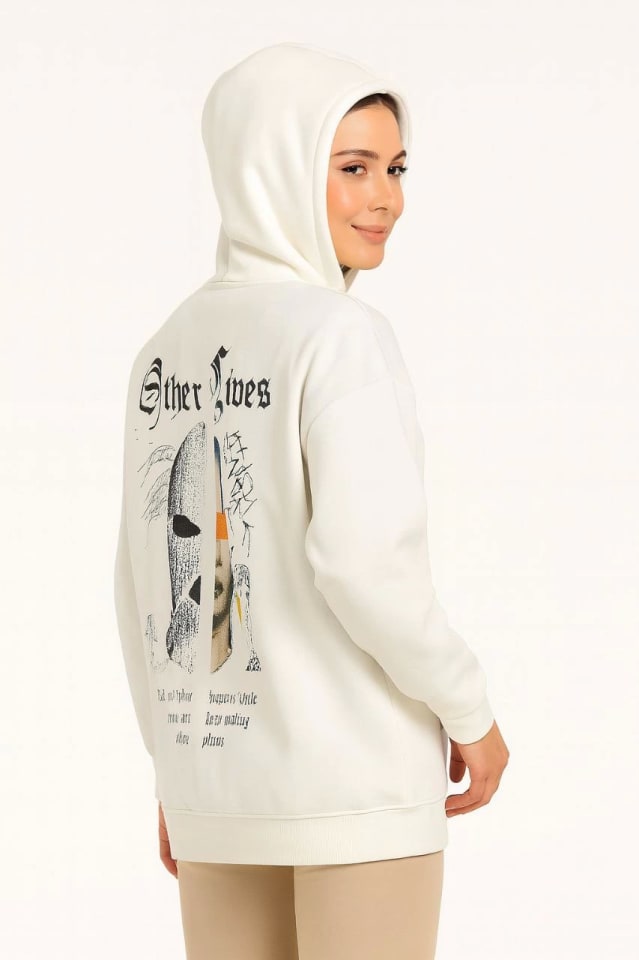 Üç İplik Kapüşonlu Ön Ve Arka Baskılı Sweatshirt Hoodie - Beyaz — görsel 1/4