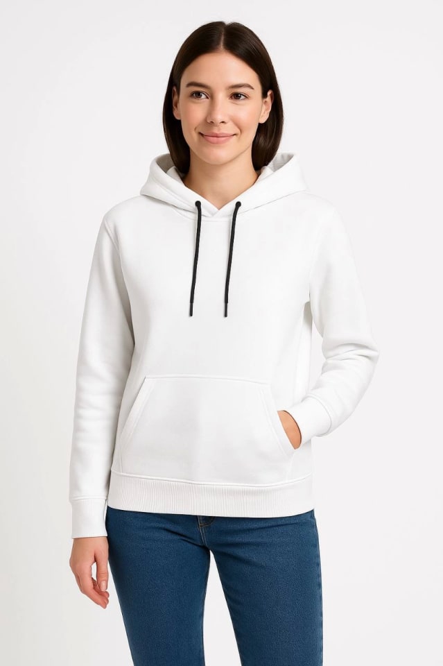 Üç İplik Kapüşonlu Kanguru Çepli Sweatshirt Hoodie - Beyaz — görsel 1/4