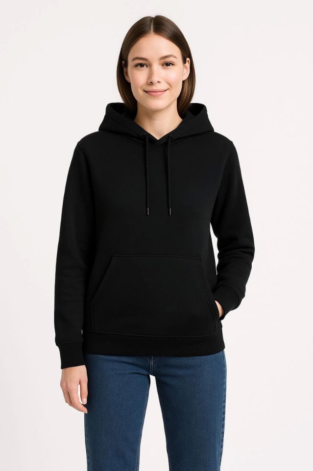 Üç İplik Kapüşonlu Kanguru Çepli Sweatshirt Hoodie - Siyah — görsel 1/4