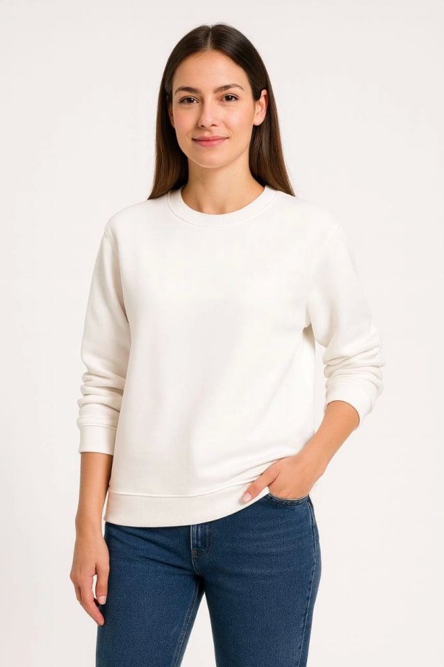 Üç İplik Düz Bisiklet Yaka Sweatshirt - Beyaz — görsel 1/4