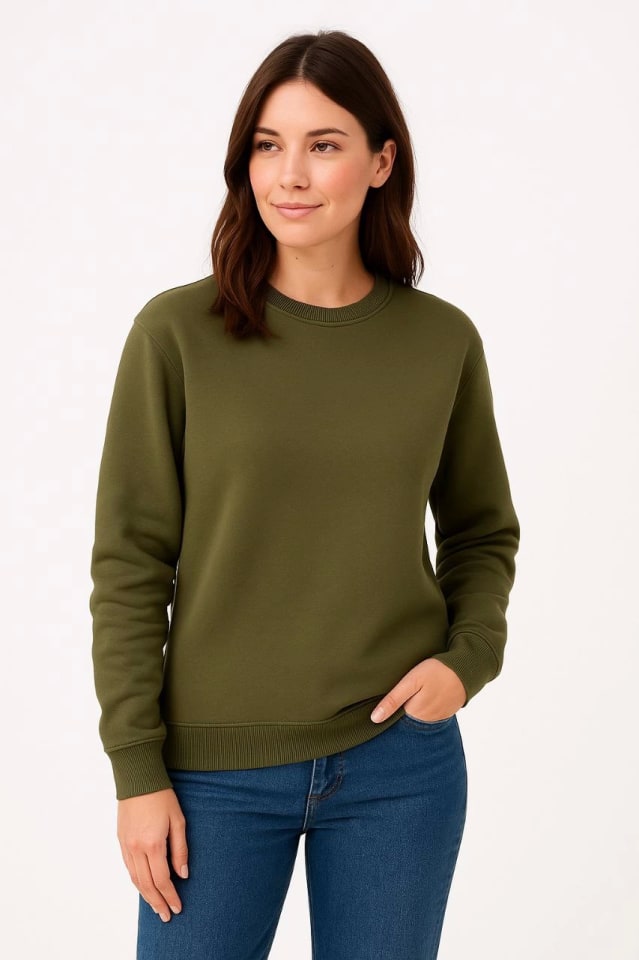 Üç İplik Düz Bisiklet Yaka Sweatshirt - Haki — görsel 1/3