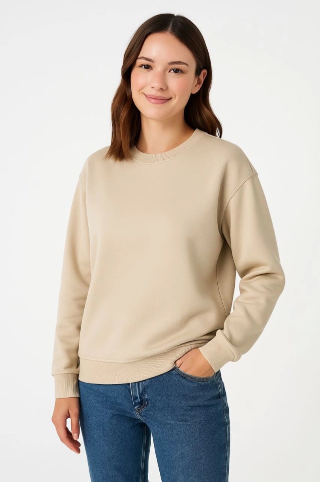 Üç İplik Düz Bisiklet Yaka Sweatshirt - Bej — görsel 1/2
