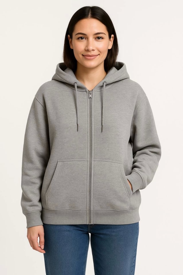 Üç İplik Kapüşonlu Tam Fermuarlı Kanguru Çepli Sweatshirt Hoodie - Gri — görsel 1/2