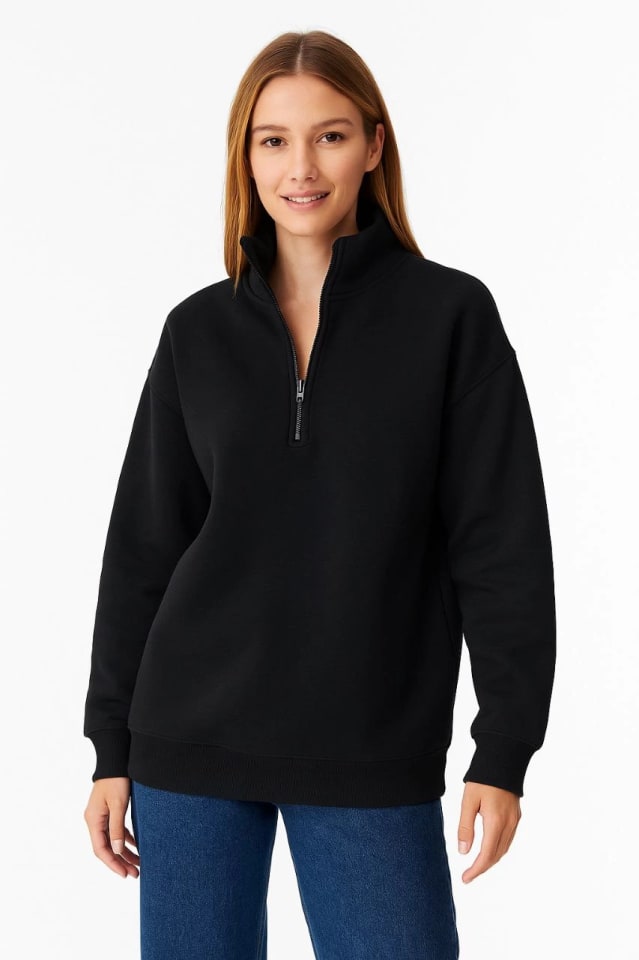 Üç İplik Dık Yaka Yarım Fermuarlı Sweatshirt - Siyah — görsel 1/4