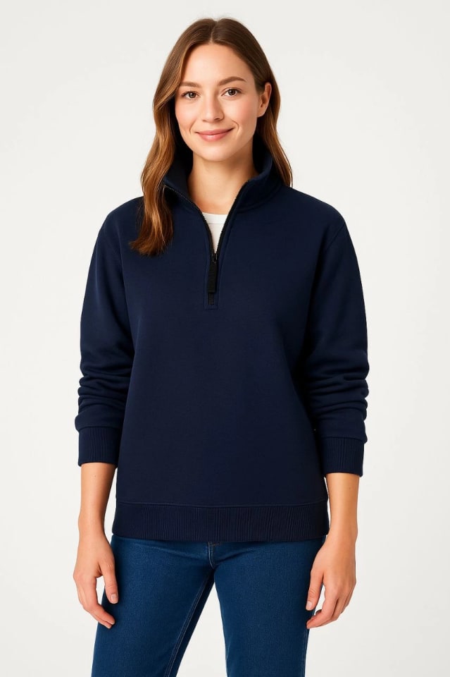 Üç İplik Dık Yaka Yarım Fermuarlı Sweatshirt - Lacivert — görsel 1/4