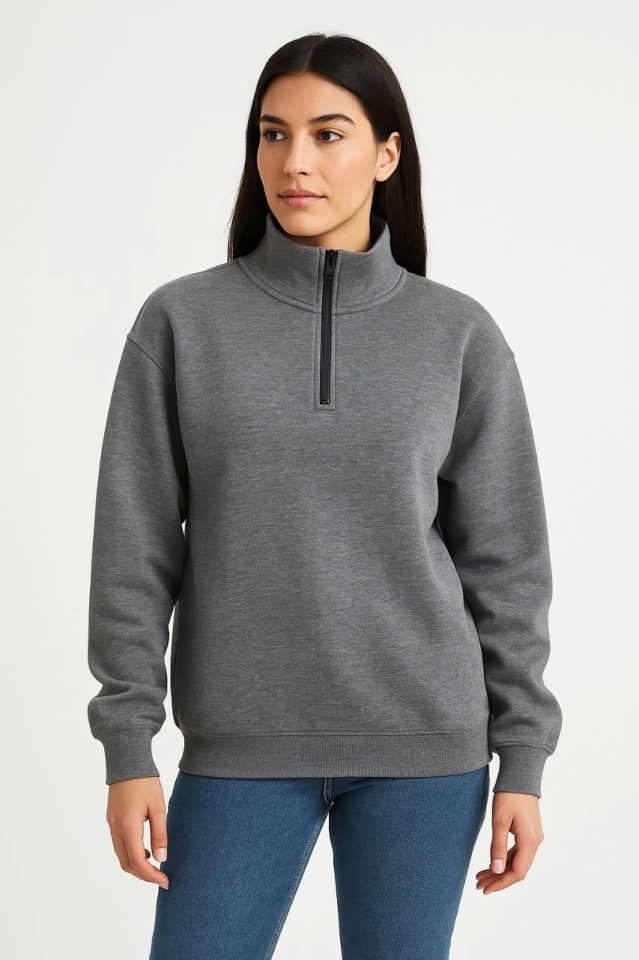 Üç İplik Dık Yaka Yarım Fermuarlı Sweatshirt - Antrasit — görsel 1/3
