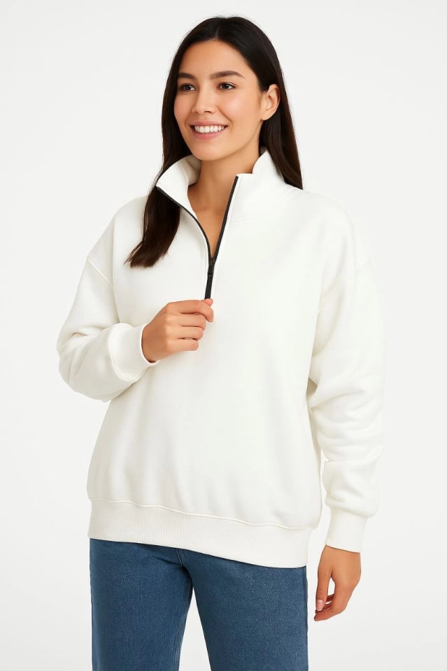 Üç İplik Dık Yaka Yarım Fermuarlı Sweatshirt - Beyaz — görsel 1/4