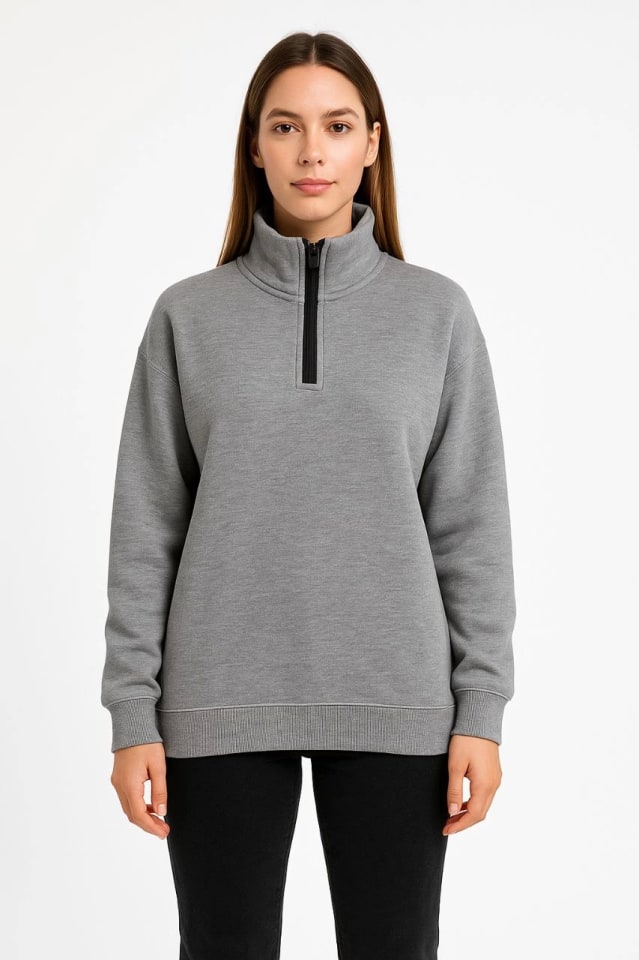 Üç İplik Dık Yaka Yarım Fermuarlı Sweatshirt - Gri — görsel 1/3