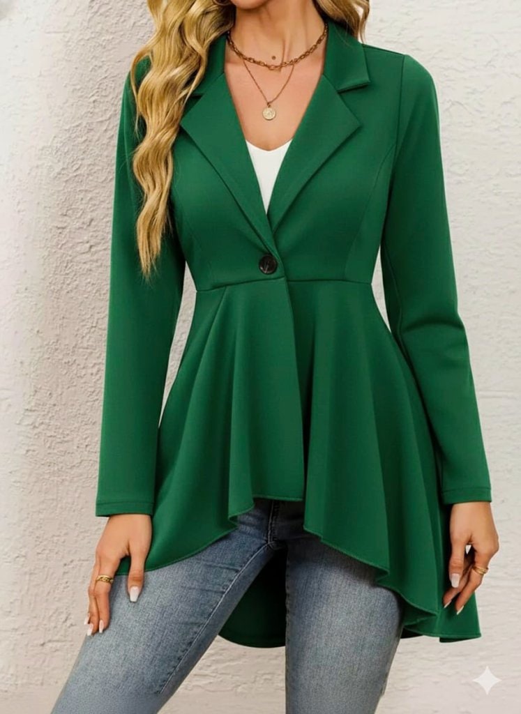 Kadın Uzun Kollu Yakalı Önden Düğmeli Uzun Atlas Blazer Ceket — görsel 1/5
