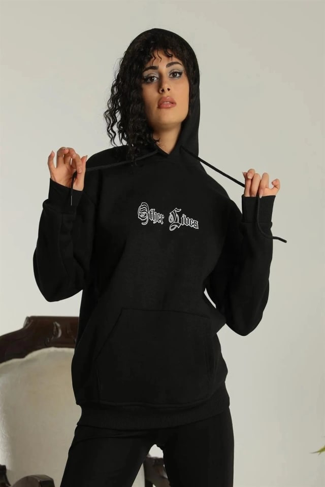 Oversize Üç İplik Kapüşonlu Sweatshirt – Siyah “other Lives” Ön Ve Arka Baskılı, Şardonlu Kışlık, Rahat Günlük Model Siiyah — görsel 1/2