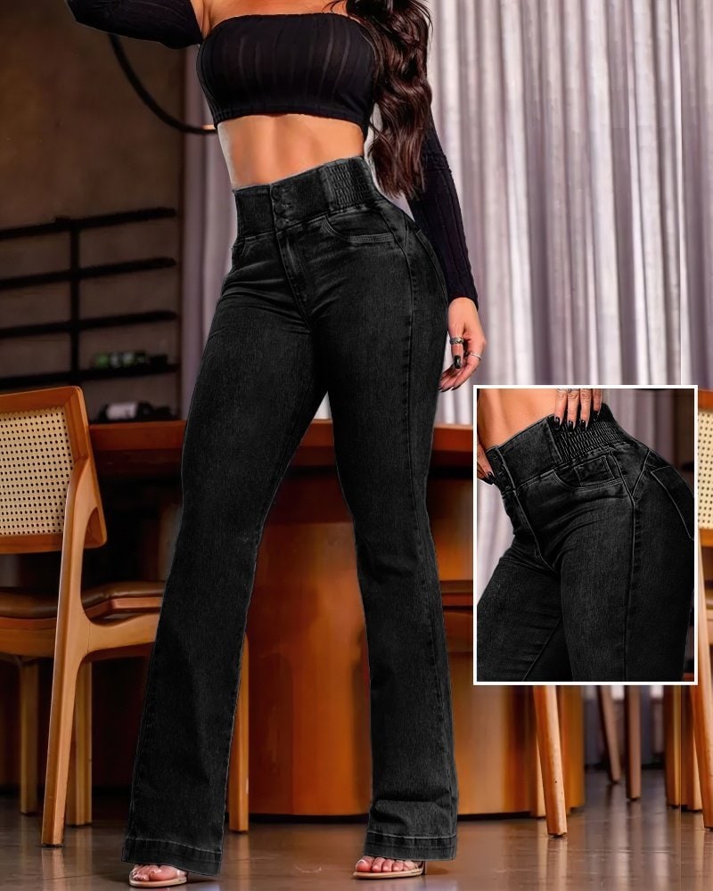 Kadın Yüksek Bel Yanları Lastik Önü Düğmeli Kot Pantolon — görsel 1/5