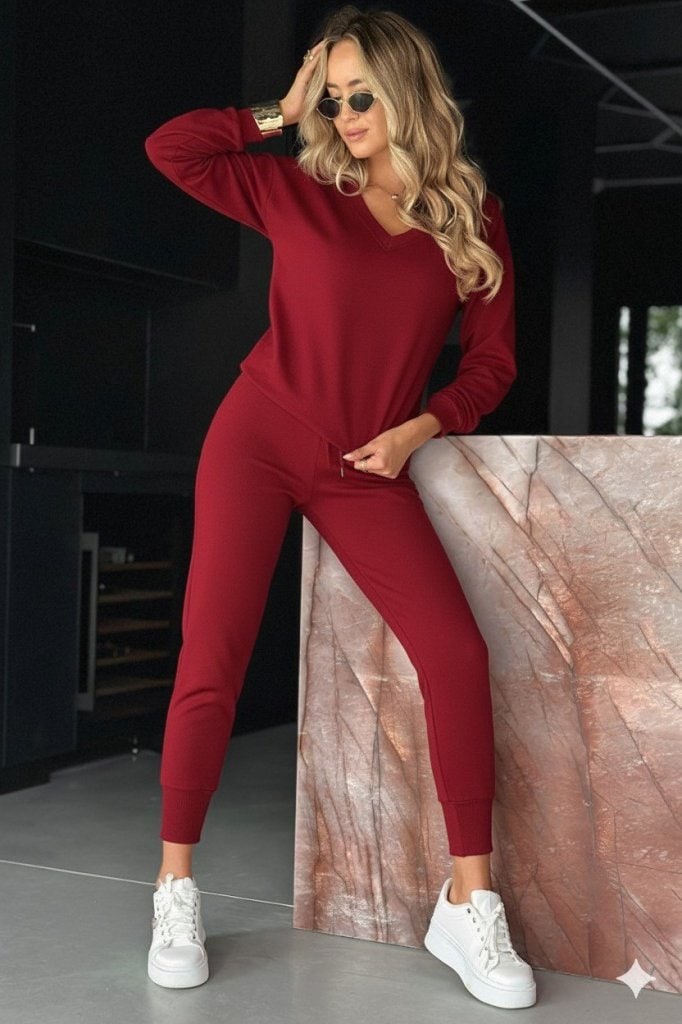 Kadın Uzun Kollu V Yakalı Viskon İki İplik Bluz Ve Pantolon İkili Takım — görsel 1/6