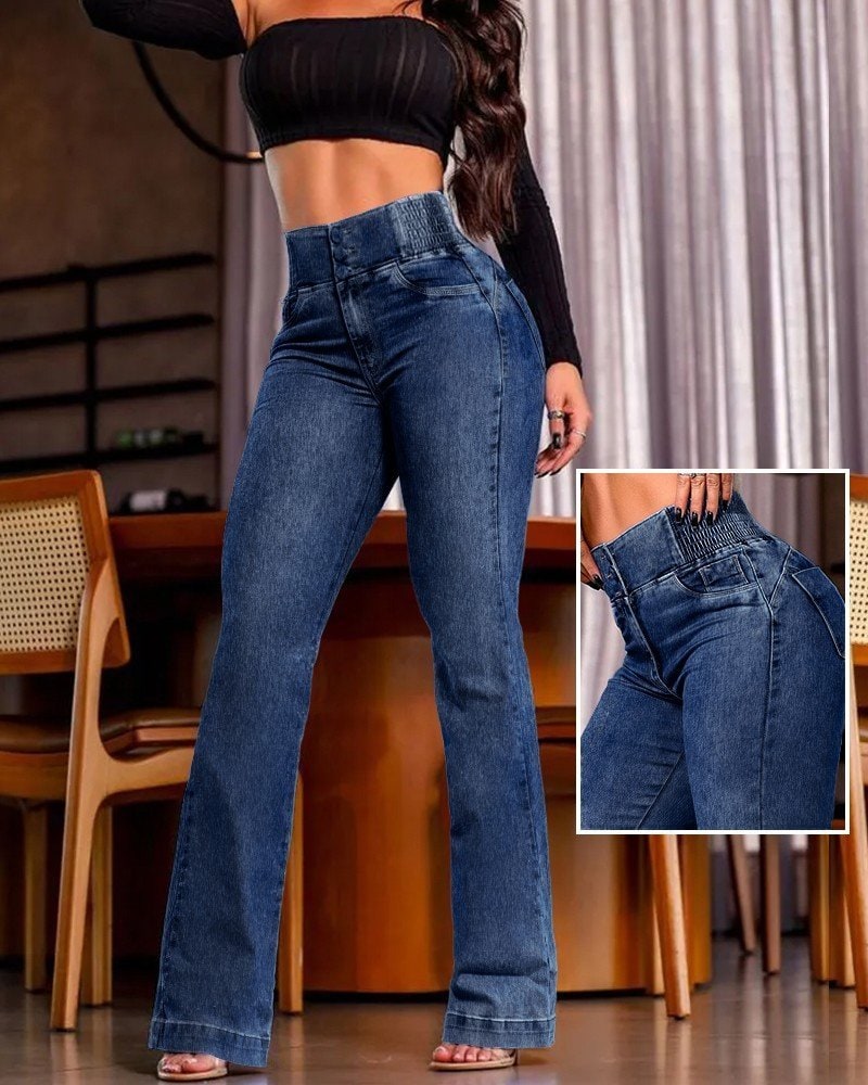 Kadın Yüksek Bel Yanları Lastik Önü Düğmeli Kot Pantolon — görsel 1/5