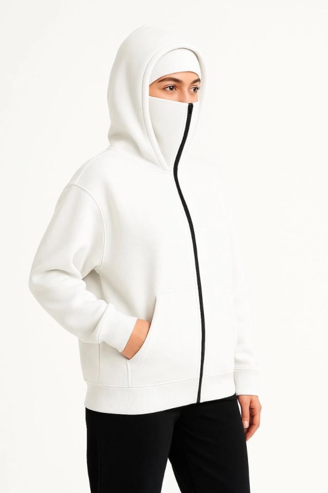 Samuray Ninja Çift Kapüşonlu Zıp Fermuarlı Kanguru Çepli Hoodie Maske Detaylı Swetshirt - Beyaz — görsel 1/4