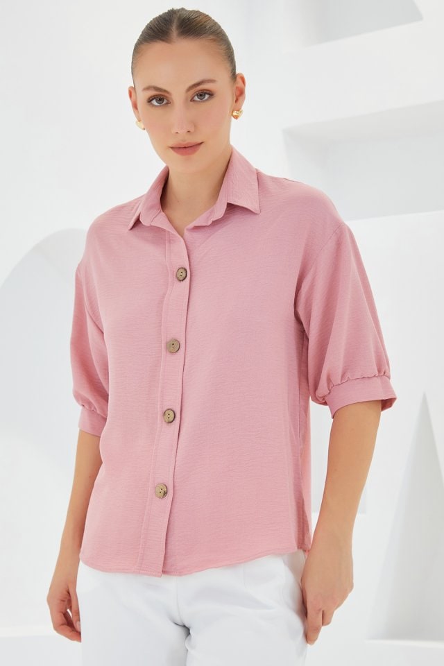 Pembe Kısa Kol Oversize Keten Gömlek 20240 — görsel 1/4