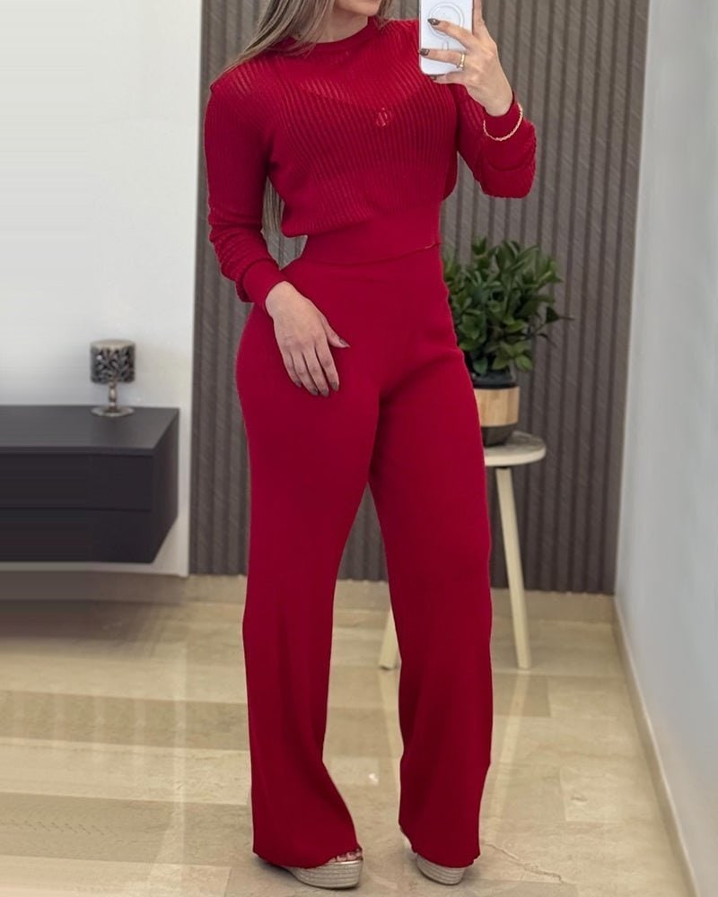 Kadın Uzun Kollu Yuvarlak Yaka Transparan Detaylı Triko Bluz Ve Pantolon İkili Takım — görsel 1/5