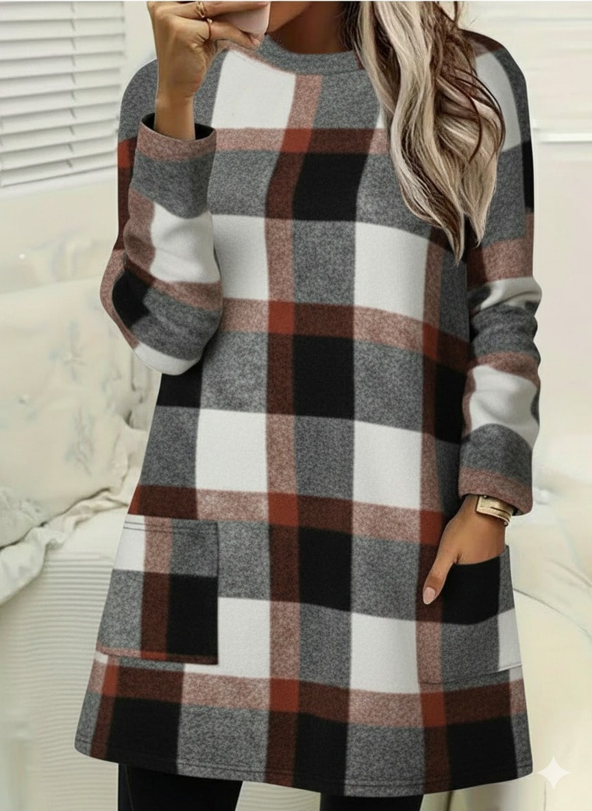 Kadın Uzun Kollu Yarı Balıkçı Yakalı Cep Detaylı Ekoseli Dokuma Tunik — görsel 1/5