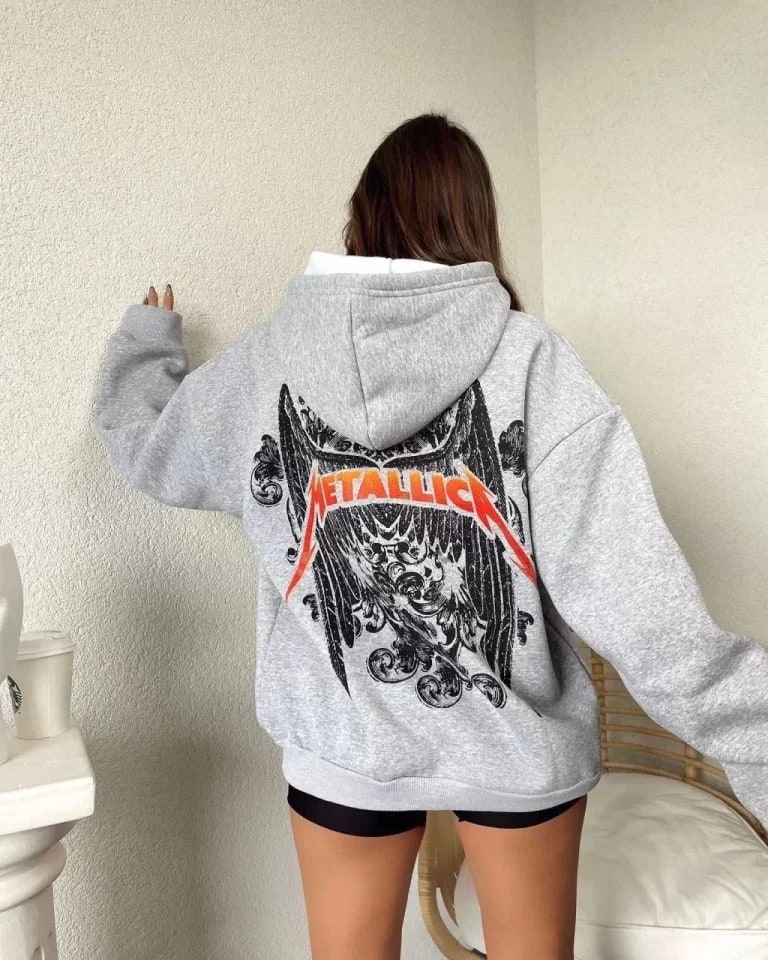 Baskılı Kapüşonlu Sweat - Gri — görsel 1/2